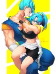  1boy 1girl armpit_crease bare_arms bare_legs bike_shorts black_tube_top black_wristband blue_eyes blue_hair blue_pants blue_sash breasts bulchi cleavage collarbone dougi dragon_ball dragon_ball_super dragon_ball_z earrings eyelashes feet_out_of_frame fingernails frown gloves grin hand_on_another&#039;s_ass hand_on_another&#039;s_thigh hands_on_another&#039;s_chest hands_up head_tilt height_difference high_ponytail jewelry large_breasts light_blush light_smile looking_at_another midriff muscular muscular_male narrow_waist navel obi ommmyoh orange_shirt pants parted_bangs parted_lips pectorals pillarboxed ponytail potara_earrings profile sash shirt sidelocks simple_background single_bang sitting sitting_on_lap sitting_on_person size_difference smile spiked_hair strapless swept_bangs tareme thick_thighs thighs toned tube_top undershirt vegetto waist_cape white_gloves wide_hips wristband yellow_background 