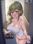  1girl :3 :d absurdres aged_up blush breasts brown_hair camisole casual cleavage collarbone commentary_request double-parted_bangs entrance eyelashes eyes_visible_through_hair fang foreshortening full-face_blush green_eyes hair_between_eyes highres indoors inuyama_aoi kuromasu large_breasts long_hair looking_at_viewer mole mole_on_breast navel open_mouth opening_door panties pink_panties pov short_eyebrows skindentation smile solo sweat thick_eyebrows underwear white_camisole yurucamp 