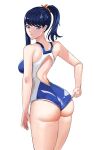  1girl absurdres adjusting_clothes adjusting_swimsuit ass back_cutout bellone blue_eyes blue_hair clothing_cutout competition_swimsuit dark_blue_hair gridman_(character) gridman_universe hair_ornament hair_scrunchie high_ponytail highres looking_at_viewer looking_back one-piece_swimsuit orange_scrunchie parted_lips ponytail scrunchie simple_background single_sidelock solo ssss.gridman swimsuit takarada_rikka thighs white_background 