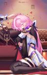  2girls absurdres artist_name black_gloves black_thighhighs blush breasts closed_eyes couch cup detached_sleeves dyadyadya eden_(honkai_impact) elysia_(honkai_impact) gloves headpat heart highres holding holding_cup honkai_(series) honkai_impact_3rd hugging_another&#039;s_leg medium_breasts medium_hair multiple_girls on_couch open_mouth pink_hair pointy_ears sideboob single_glove sitting spoken_heart thighhighs thighs twitter_username wariza yuri 