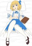  1girl alice_margatroid alice_margatroid_(pc-98) bed_sheet blonde_hair blue_eyes blue_ribbon blue_skirt book frilled_skirt frills full_body hair_ribbon highres kakone looking_at_viewer lying mary_janes on_back pantyhose pillow red_footwear ribbon shoes short_hair short_sleeves skirt solo touhou touhou_(pc-98) white_pantyhose 
