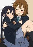  2girls black_hair black_socks blazer blue_skirt blush brown_eyes brown_hair buttons carrying closed_eyes commentary_request grimace hair_ornament hairclip hand_on_another&#039;s_chest highres hirasawa_yui jacket k-on! kicchi_(tmgk) lifting_person long_hair multiple_girls nakano_azusa pantyhose princess_carry ribbon sakuragaoka_high_school_uniform school_uniform short_hair skirt socks struggling sweat twintails 