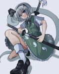  1girl black_bow black_bowtie black_hairband blue_eyes bow bow_hairband bowtie closed_mouth collared_shirt frilled_skirt frills ghost green_skirt green_vest grey_hair hairband highres hitodama hitodama_print katana kneeling konpaku_youmu light_blush mary_janes mifutatsu sheath sheathed shirt shoes short_hair skirt skirt_set solo sword touhou vest weapon white_shirt 