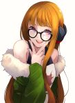  1girl bare_shoulders behind-the-head_headphones black-framed_eyewear black_tank_top fur-trimmed_jacket fur_trim glasses green_jacket headphones highres jacket long_hair looking_at_viewer off-shoulder_shirt off_shoulder open_mouth orange_hair persona persona_5 purple_eyes sakura_futaba shirt simple_background smile solo tank_top teeth tiritumo_mt upper_body upper_teeth_only v_over_mouth very_long_hair w white_background 