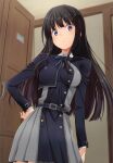  1girl absurdres black_hair blush breasts closed_mouth hand_on_own_hip highres indoors inoue_takina izumi_mahiru large_breasts long_hair looking_at_viewer lycoris_recoil lycoris_uniform non-web_source purple_eyes school_uniform skirt solo standing 