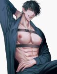  1boy abs arm_behind_head black_hair blue_pants blue_shirt chest_harness english_commentary fushiguro_touji green_eyes grin harness highres jujutsu_kaisen large_pectorals long_sleeves looking_at_viewer male_focus mature_male muscular muscular_male navel nipples open_clothes open_shirt pants pectorals scar scar_on_face scar_on_mouth shirt short_hair sitting smile solo teeth zhhy3324 