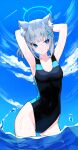  1girl absurdres animal_ear_fluff animal_ears armpits arms_behind_head blue_archive blue_eyes blue_sky cloud cloudy_sky collarbone commentary_request competition_swimsuit cross_hair_ornament extra_ears grey_hair groin hair_between_eyes hair_ornament halo highleg highleg_swimsuit highres honi_(honi1010) horizon in_water leaning_forward looking_at_viewer low_ponytail medium_hair mismatched_pupils ocean official_alternate_costume official_alternate_hairstyle one-piece_swimsuit outdoors parted_lips shallow_water shiroko_(blue_archive) shiroko_(swimsuit)_(blue_archive) sidelocks sky sleeveless solo swimsuit water wolf_ears wolf_girl 