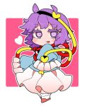  1girl black_hairband blue_shirt blush_stickers eyeball frilled_sleeves frills full_body hair_ornament hairband heart heart_hair_ornament highres ini_(inunabe00) komeiji_satori open_mouth pink_skirt purple_eyes purple_hair red_footwear shirt short_hair skirt sleeves_past_fingers sleeves_past_wrists slippers smile socks solo third_eye touhou white_socks wide_sleeves 