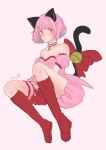  1girl acerola_(a-chan) animal_ears bare_shoulders bell between_legs boots bow breasts bright_pupils cat_ears cat_tail choker cleavage closed_mouth detached_sleeves dress frilled_choker frills frown full_body gloves hand_between_legs highres knee_boots magical_girl mew_ichigo momomiya_ichigo pink_choker pink_dress pink_hair puffy_detached_sleeves puffy_sleeves red_eyes red_footwear red_gloves short_hair signature small_breasts tail tail_bell tail_bow tail_ornament tokyo_mew_mew white_pupils 