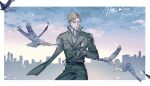  1boy absurdres amputee bird blonde_hair blue_eyes coat cowboy_shot erwin_smith expressionless flying halcyon_(gugfuggugfug) happy_birthday highres looking_to_the_side male_focus shingeki_no_kyojin short_hair solo survey_corps_(emblem) thick_eyebrows wind 