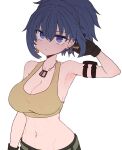  1girl arm_up bare_shoulders black_gloves blue_eyes blue_hair breasts cleavage closed_mouth dog_tags earrings gloves hair_between_eyes high_ponytail jewelry large_breasts leona_heidern navel simple_background solo sumiyao_(amam) tank_top the_king_of_fighters the_king_of_fighters_xv white_background yellow_tank_top 