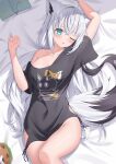  1girl ahoge animal_ear_fluff animal_ears arm_up bed_sheet black_shirt blush book commentary_request fox_ears fox_girl fox_tail green_eyes hair_between_eyes highres hololive kag_tsukimi long_hair looking_at_viewer lying on_back one_eye_closed open_mouth paid_reward_available pentagram shirakami_fubuki shirakami_fubuki_(7th_costume) shirt sidelocks solo tail virtual_youtuber white_hair 