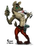  abs alcohol anthro beverage boots bottle bulge champagne_glass clothing container footwear fur green_eyes gun handgun hi_res hyena jwbalsley male mammal nipples pecs pistol ranged_weapon sharp_teeth shirtless simple_background smile solo spots spotted_body spotted_fur teeth tongue weapon white_background 