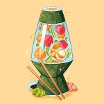  artist_name charongess chopsticks food lava_lamp makizushi no_humans orange_background original shrimp simple_background soy_sauce sushi wasabi 
