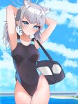  1girl absurdres animal_ear_fluff animal_ears bag black_one-piece_swimsuit blue_archive blue_eyes blue_sky breasts buta_ookami_debuko cloud competition_swimsuit covered_navel cross_hair_ornament day extra_ears grey_hair hair_ornament halo highres looking_at_viewer low_ponytail medium_breasts medium_hair mismatched_pupils multicolored_clothes multicolored_swimsuit official_alternate_costume one-piece_swimsuit outdoors shiroko_(blue_archive) shiroko_(swimsuit)_(blue_archive) sky smile solo swimsuit water wolf_ears 