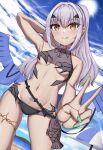  1girl absurdres arm_behind_head arm_up armpits bare_shoulders beach bikini black_bikini blue_sky blush breasts dragon_wings fate/grand_order fate_(series) forked_eyebrows high_ponytail highres licking_lips long_hair looking_at_viewer melusine_(fate) melusine_(swimsuit_ruler)_(fate) melusine_(swimsuit_ruler)_(first_ascension)_(fate) navel pubic_tattoo shore sidelocks sky small_breasts smile solo swimsuit tail tattoo thighlet thighs tongue tongue_out toukan v white_hair wings yellow_eyes 