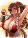  1girl adjusting_hair arm_guards armpits arms_behind_head arms_up bare_shoulders blush breasts brown_eyes brown_hair chiba_shuusaku cleavage fatal_fury hair_lift hair_tie hair_tie_in_mouth hand_in_own_hair hands_in_hair high_ponytail holding holding_hair japanese_clothes large_breasts long_hair looking_at_viewer mouth_hold ninja ponytail revealing_clothes ribbon ribbon_in_mouth rope shiranui_mai sideboob snk solo the_king_of_fighters tying_hair 