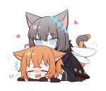  1boy 1girl blush cat_boy cat_girl cat_tail chibi commentary_request crying fang fate/grand_order fate_(series) flying_sweatdrops fujimaru_ritsuka_(female) fujimaru_ritsuka_(female)_(polar_chaldea_uniform) heart herliearse highres oberon_(fate) oberon_(third_ascension)_(fate) on_ground simple_background sitting sitting_on_person spoilers tail tail_wrap white_background wings 