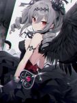  1girl bare_shoulders black_dress black_feathers black_gloves black_hairband black_ribbon black_wings breasts closed_mouth commentary_request crown dress feathered_wings feathers gloves grey_hair hair_between_eyes hair_ribbon hairband idolmaster idolmaster_cinderella_girls kanzaki_ranko long_hair looking_at_viewer looking_to_the_side medium_breasts mini_crown red_eyes rekareka ribbon ringlets sideboob solo strapless strapless_dress tilted_headwear twintails wings 