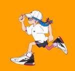  1girl air_max bandaid bandaid_on_face bandaid_on_nose baseball_cap black_shorts blue_hair braid closed_mouth floating_hair from_side full_body hair_ribbon hand_up hat highres nao97122 nike orange_background original pink_ribbon profile purple_eyes ribbon running shirt shoes short_sleeves shorts simple_background sneakers socks solo t-shirt triple_vertical_stripe twin_braids white_footwear white_headwear white_shirt white_socks 
