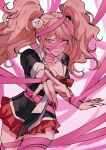  1girl bear_hair_ornament bibon_(boileddangan) black_shirt blonde_hair breasts cleavage collarbone danganronpa:_trigger_happy_havoc danganronpa_(series) enoshima_junko hair_ornament large_breasts long_hair looking_at_viewer miniskirt nail_polish pink_eyes pink_ribbon pointing pointing_at_viewer red_nails red_skirt ribbon shirt skirt smile solo teeth twintails 