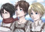  1girl 2boys armin_arlert belt black_hair blue_eyes breasts brown_hair chest_belt cloud collared_shirt eren_yeager highres mikasa_ackerman multiple_boys open_mouth parted_lips r1014-chopper red_scarf scarf shingeki_no_kyojin shirt sky t-shirt upper_body 