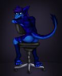  anthro blue_body blue_eyes blue_fur butt chair dragon fur furniture furred_dragon hair hi_res just_ashadowo looking_at_viewer looking_back male office_chair purple_hair rear_view shadowo simple_background solo 