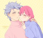  1boy 1girl artist_name blue_sweater bob_cut breasts closed_eyes couple dated grey_hair hair_between_eyes hand_in_another&#039;s_hair hand_on_another&#039;s_shoulder hetero krudears light_blush long_sleeves medium_breasts nail_polish parted_lips pink_hair pink_sweater protagonist_(tokimemo_gs3) shitara_seiji short_hair smile sweater tokimeki_memorial tokimeki_memorial_girl&#039;s_side_3rd_story turtleneck turtleneck_sweater twitter_username upper_body yellow_background yellow_nails 