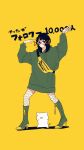  1girl absurdres arms_up black_eyes black_hair boots closed_mouth coalowl expressionless fanny_pack fishnet_pantyhose fishnets glasses green_footwear high_heels highres long_sleeves looking_at_viewer original pantyhose pig simple_background solo yellow_background yellow_bag 