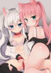  2girls animal_ears ass black_panties black_sailor_collar black_skirt blue_eyes bow bow_bra bra cat_ears cat_girl cat_tail chii_aruel closed_mouth commentary_request green_eyes grey_hair hair_between_eyes hair_ornament hairclip long_hair long_sleeves multiple_girls navel off_shoulder open_clothes open_shirt panties pink_hair puffy_long_sleeves puffy_sleeves sailor_collar school_uniform serafuku shirt skirt skirt_around_one_leg sleeves_past_wrists soulworker stella_unibell striped striped_bra tail twintails underwear usagimiko very_long_hair white_shirt 