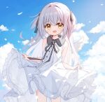  1girl :d bare_arms bare_shoulders black_ribbon blue_sky brown_eyes ciela_(yuuhagi_(amaretto-no-natsu)) cloud collared_dress commentary_request day dress feathered_wings frilled_dress frills grey_hair hair_between_eyes hair_intakes highres long_hair looking_at_viewer neck_ribbon original outdoors petals ribbon skirt_hold sky sleeveless sleeveless_dress smile solo standing two_side_up very_long_hair white_dress white_wings wings yuuhagi_(amaretto-no-natsu) 