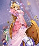  1girl 2boys arms_up axe bdsm blonde_hair blue_eyes blush_stickers bondage bound bound_legs bound_wrists bowser bra breasts bush chain crown dress elbow_gloves garter_straps gloves highres large_breasts long_hair mario mario_(series) monikano multiple_boys panties princess_peach pussy_juice see-through see-through_dress thighhighs underwear white_bra white_gloves white_panties white_thighhighs 