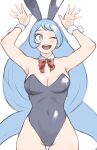  1girl ;d absurdres animal_ears arms_up black_leotard blue_eyes blue_hair boku_no_hero_academia bow breasts cleavage commentary covered_navel detached_collar fake_animal_ears fengling_(furin-jp) hadou_nejire highleg highleg_leotard highres leotard light_blue_hair long_hair medium_breasts one_eye_closed open_mouth playboy_bunny rabbit_ears red_bow smile solo strapless strapless_leotard unfinished very_long_hair white_background wrist_cuffs 