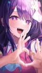  1girl :d absurdres blurry blurry_foreground blush close-up dress hair_between_eyes hair_ornament heart heart_hands highres hoshino_ai_(oshi_no_ko) idol long_hair looking_at_viewer myowa open_mouth oshi_no_ko pink_dress purple_eyes purple_hair sidelocks smile solo star-shaped_pupils star_(symbol) star_in_eye sweat swept_bangs symbol-shaped_pupils symbol_in_eye teeth upper_body 