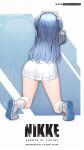  1girl april_fools ass blue_hair copyright_name earphones foreshortening from_behind gloves goddess_of_victory:_nikke high-waist_skirt highres long_sleeves official_art outstretched_arms panties panty_peek shifty_(nikke) shoes skirt sneakers socks solo thighs two_side_up underbutt underwear white_footwear white_gloves white_panties white_skirt white_socks zoom_layer 