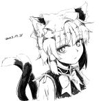  1girl animal_ears bow bowtie cat_ears cat_tail chen commentary_request cropped_torso dated expressionless half-closed_eyes hat kabu_(yuyuibob) looking_at_viewer looking_to_the_side mob_cap monochrome multiple_tails nekomata parted_lips short_hair simple_background sketch solo tail tail_raised touhou two_tails upper_body white_background 