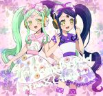  2girls :d blue_hair bow braid braided_bangs character_name commentary_request dress edamame_(buruburu) falala_a_larm floral_print garara_s_leep green_hair hair_bow hand_on_own_hip hand_up happy_birthday head_chain headphones highres idol_time_pripara long_hair looking_at_viewer multiple_girls open_mouth pink_bow pink_dress polka_dot polka_dot_dress pretty_(series) print_dress pripara purple_dress short_sleeves siblings sisters smile symbol-shaped_pupils twins twintails very_long_hair yellow_eyes 