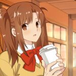  1girl blush bow bowtie brown_eyes brown_hair cardigan collared_shirt commentary_request cup disposable_cup hirakawa holding holding_cup indoors long_hair looking_at_viewer parted_bangs red_bow red_bowtie school_uniform shirt sidelocks solo tsukihime tsukihime_(remake) twintails uniform upper_body white_shirt yellow_cardigan yumizuka_satsuki 