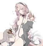  2girls absurdres animal_collar animal_ears arknights bite_mark black_collar black_hairband blonde_hair blue_eyes blush breasts breath clitoral_stimulation collar cowboy_shot cunnilingus cuts dog_ears dog_girl dog_tail dragon_girl dragon_horns grey_background grey_hair grey_shirt hairband heart heavy_breathing hickey highres horns injury joshua_(shisanli934) kirsten_(arknights) leash long_hair looking_at_another looking_down medium_breasts multiple_girls naked_shirt navel nipples open_clothes open_shirt oral orange_eyes parted_bangs parted_lips pussy revision saria_(arknights) shirt simple_background sitting smile solo_focus sweatdrop tail tongue tongue_out uncensored very_long_hair wavy_hair yuri 
