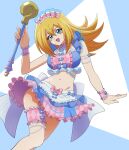  1girl :d blonde_hair blue_bow blush_stickers bow bowtie bridal_garter cosplay crop_top dark_magician_girl frilled_skirt frills green_eyes holding holding_staff long_hair looking_at_viewer midriff navel open_mouth pink_bow pink_bowtie pink_headwear pretty_(series) pripara skirt smile solo staff summer_maid_coord uma_(umagaobanana) wrist_cuffs yu-gi-oh! yu-gi-oh!_duel_monsters 