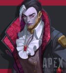  1boy apex_legends black_hair black_jacket blue_eyes brown_vest collarbone collared_shirt colored_skin crypto_(apex_legends) deadly_byte_crypto frilled_shirt frills grey_hair highres jacket logo lsr male_focus multicolored_hair official_alternate_costume open_mouth pectoral_cleavage pectorals purple_lips purple_skin realistic shadow shirt solo streaked_hair vampire vest white_shirt widow&#039;s_peak 