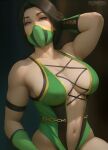  1girl arm_behind_head arm_up armband artist_name breasts brown_hair chain collarbone commentary commentary_typo covered_nipples cross-laced_slit english_commentary eyelashes flowerxl gloves green_eyes green_gloves green_leotard jade_(mortal_kombat) large_breasts leotard looking_at_viewer mask mortal_kombat_(series) mouth_mask multicolored_leotard navel paid_reward_available parted_bangs patreon_username sleeveless solo upper_body 