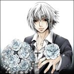 1boy alternate_costume alternate_hair_color bishounen black_jacket black_suit blue_flower blue_rose bouquet collarbone collared_shirt commentary eguana english_commentary facing_viewer final_fantasy final_fantasy_xv flower frills gradient_background holding holding_bouquet holding_flower jacket lace light_smile looking_at_viewer male_focus noctis_lucis_caelum official_alternate_eye_color reaching reaching_towards_viewer red_eyes rose shirt short_hair simple_background smile solo sparkle suit white_background white_flower white_hair white_rose white_shirt 