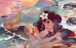  1girl ariel_(disney) beach blue_eyes breasts cleavage day flower hair_flower hair_ornament holding kawacy long_hair medium_breasts mermaid monster_girl outdoors parted_lips red_hair shell shell_bikini shiny_skin solo starfish the_little_mermaid water white_flower 