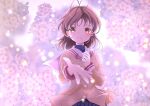  1girl antenna_hair blurry blurry_background blush brown_eyes brown_hair cherry_blossoms clannad commentary_request depth_of_field eyelashes floating_clothes floating_hair floral_background flower foreshortening furukawa_nagisa hair_between_eyes hand_up hato_maron highres jacket light_particles long_sleeves looking_at_viewer medium_hair open_mouth pink_flower reaching reaching_towards_viewer sailor_collar school_uniform smile solo teeth upper_body upper_teeth_only white_sailor_collar wind wind_lift yellow_jacket 