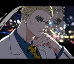  1boy absurdres animal_print blonde_hair blue_eyes blue_shirt car_interior collared_shirt goggles grey_suit head_rest highres jujutsu_kaisen leopard_print lips long_sleeves male_focus mochiya_(mochiya0504) nanami_kento necktie portrait reflection shirt short_hair solo suit yellow_necktie 