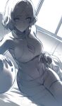 1girl backlighting bare_shoulders breasts cleavage cleavage_cutout clothing_cutout collarbone covered_navel greyscale gundam gundam_suisei_no_majo hews highleg highleg_leotard highres large_breasts leotard licking_lips looking_at_viewer monochrome parted_bangs secelia_dote short_hair short_shorts shorts sitting sketch smile solo thighhighs thighs tongue tongue_out 
