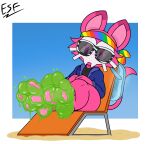  3_toes anthro beach chair clothing digit_ring electricsnowfox eyewear feet foot_focus fur furniture goo_on_feet hi_res jewelry male mammal pink_body pink_fur ring seaside shirt sitting sleeping slime slime_on_feet soles solo sunglasses toe_ring toes topwear unknown_species 