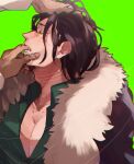  2boys adam&#039;s_apple black_hair black_jacket coat crocodile_(one_piece) donquixote_doflamingo finger_in_another&#039;s_mouth fur-trimmed_coat fur_trim green_background grey_shirt hand_in_another&#039;s_hair highres jacket male_focus messy_hair mirin_(coene65) multiple_boys one_piece pectoral_cleavage pectorals saliva scar scar_on_face shirt short_hair simple_background yaoi yellow_eyes 