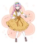  1girl :d blue_eyes blush braid breasts brown_footwear clothes_lift commentary_request flower full_body hairband lifted_by_self long_hair long_sleeves looking_at_viewer medium_breasts mini_mamu open_mouth pantyhose petals pink_flower pink_hair priscilla_(rune_factory) rune_factory rune_factory_5 shirt shoes single_braid skirt skirt_lift sleeveless sleeveless_jacket smile solo standing white_pantyhose white_shirt yellow_skirt 